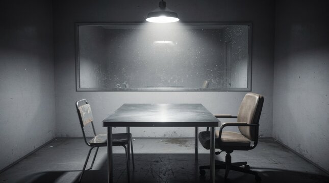 Interrogation room contains a table and two chairs illuminated by an overhead hanging lamp.