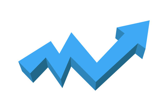Blue isometric 3D arrow pointing up showing business growth and market recovery success.