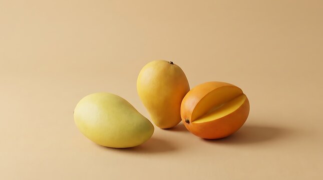 Fresh yellow mango fruits with one sliced piece arranged on a solid light brown studio background. ataulfo mango