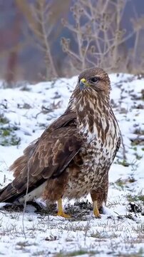 Common Buzzard Bird of Prey Screaming in Snow Winter Wildlife