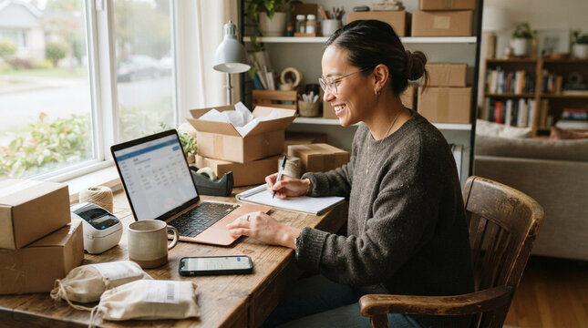 Woman entrepreneur working at home office, packaging product for shipment, small business owner busy at desk with laptop and shipping supplies.