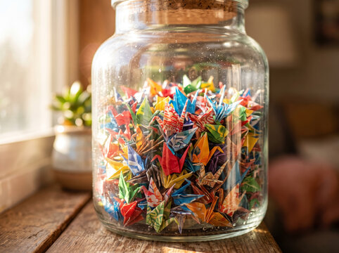 Glass Jar Filled With Hundreds Of Tiny Colorful Origami Cranes