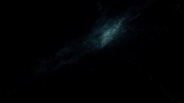 Slow motion tracking shot of glowing particle swarm flowing, clustering and dispersing in dark space void