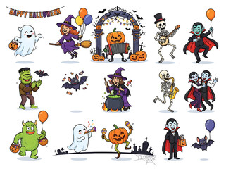Fototapeta premium Colorful halloween characters and decorations vector illustration with ghosts witches and monsters