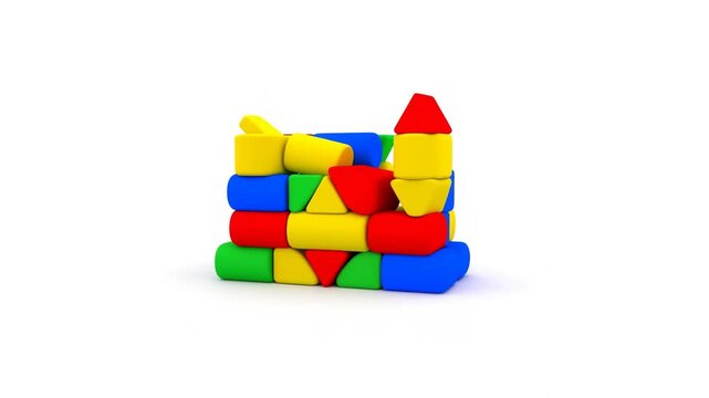 Slow motion static shot of colorful foam toy blocks falling and stacking into small wall on white studio background