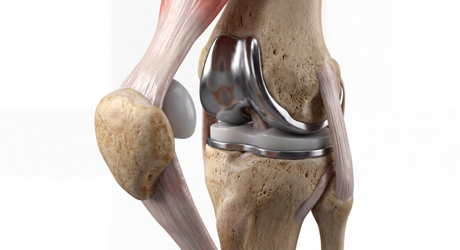 Ultra-detailed 3D medical illustration showing total knee replacement with accurately positioned metallic prosthetic implant.