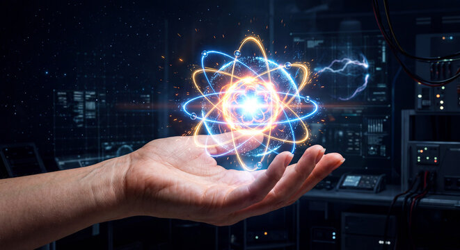 Ultra-realistic 3D hand holding glowing atom model, symbolizing nuclear fusion, clean energy, scientific innovation, and futuristic technology.