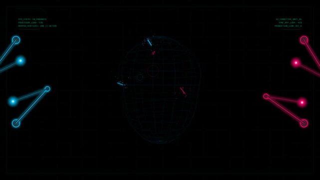 Futuristic digital interface with glowing blue and red connection lines and abstract data points on a dark background 4K Motion Video