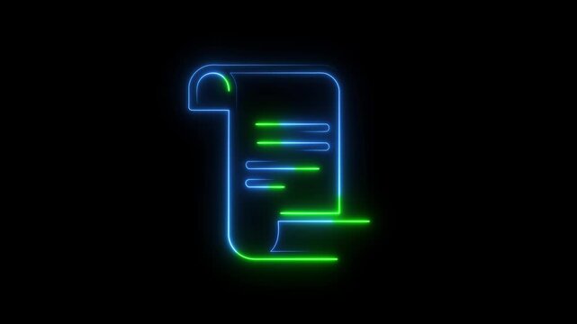 Neon scroll with green and blue glowing lines on a black background representing a document or contract