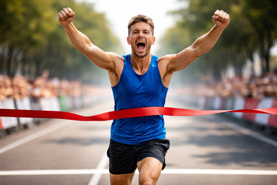 Man runner crossing red finish line with arms raised celebrating victory. Athlete winner achieving goal at marathon race on city street. Success accomplishment and motivation concept