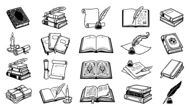 Books Quills Scrolls and Inkwells Black and White Literary Vector Illustration Set