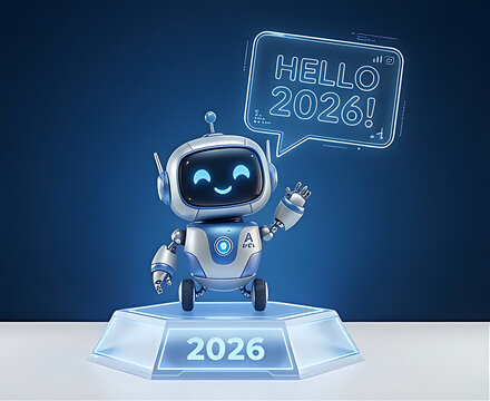 A cute futuristic AI robot waving on a glowing digital platform in a high-tech cyberpunk city, surrounded by neon lights, holographic interfaces, fireworks, and a &ldquo;HELLO 2026&rdquo; message