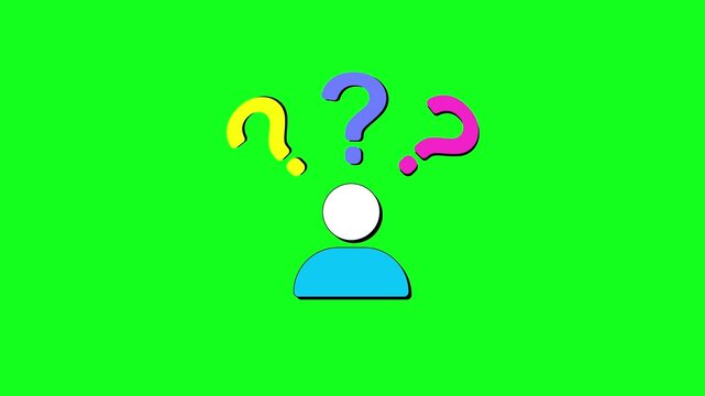 Conceptual digital icon animation. A person with a colorful question mark above their head on a green screen, symbolizing deep thought, uncertainty, decision-making, and the search for solution.