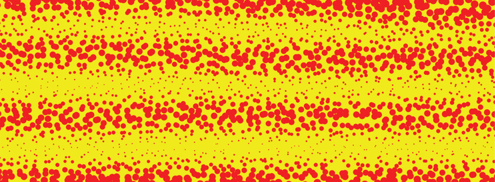 Abstract red dot pattern on yellow background halftone texture for modern graphic design.