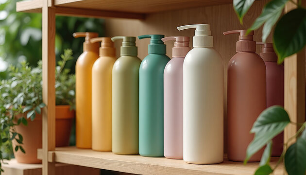 Pastel color pump bottles on wooden shelf with green plant. Eco friendly cosmetic packaging for shampoo and lotion. Natural beauty product display for organic skincare and bathroom care concept