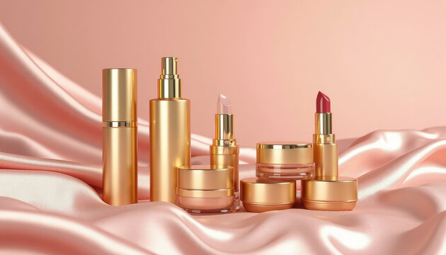 Luxury gold cosmetic set with lipstick and cream jar on pink silk fabric. Beauty skincare and makeup elegance concept for fashion advertisement and glamour presentation