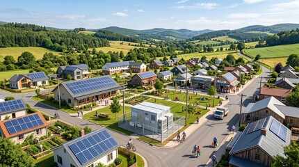 Fototapeta premium Aerial view of an eco-friendly neighborhood featuring solar panels, green spaces, and modern homes surrounded by nature.