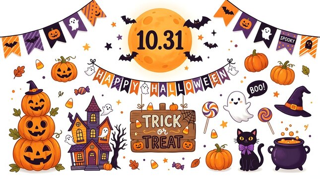 Festive halloween party decoration background featuring pumpkins haunted house trick or treat sign and spooky holiday elements