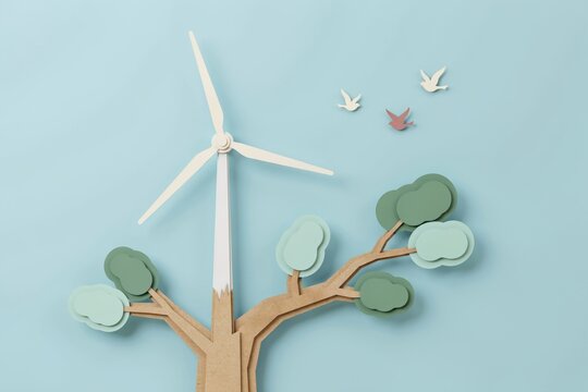 Paper craft concept of wind turbine and tree for green renewable energy and eco friendly environmental conservation