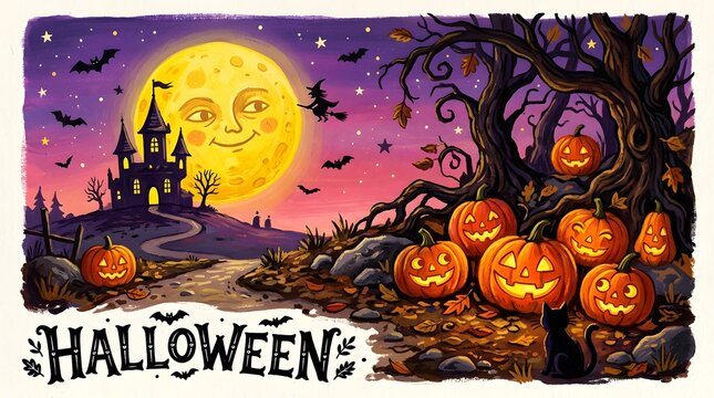 Spooky halloween landscape illustration featuring a haunted castle glowing pumpkins and a large full moon at night