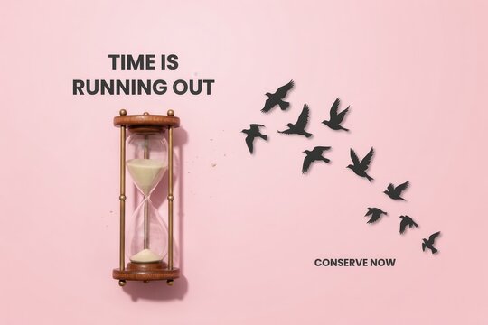 Conceptual image about time running out for nature and wildlife conservation featuring an hourglass and flying birds on a pink background