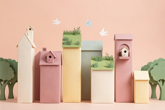 Eco Friendly Miniature City Model with Pastel Green Roof Houses and Birdhouses for Sustainable Urban Living Concept