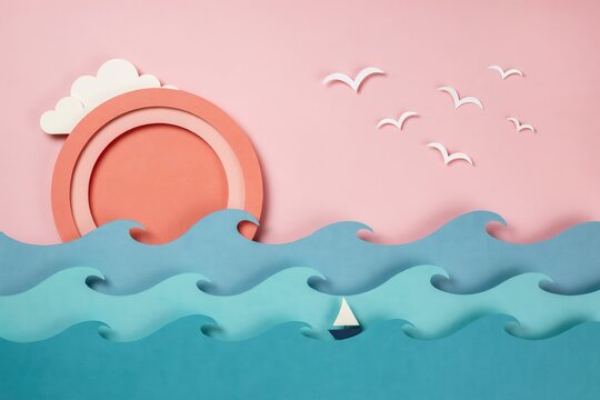Whimsical paper art illustration of a tranquil ocean scene featuring a sailboat sailing on gentle waves under a warm sun, accompanied by playful clouds and flying seagulls