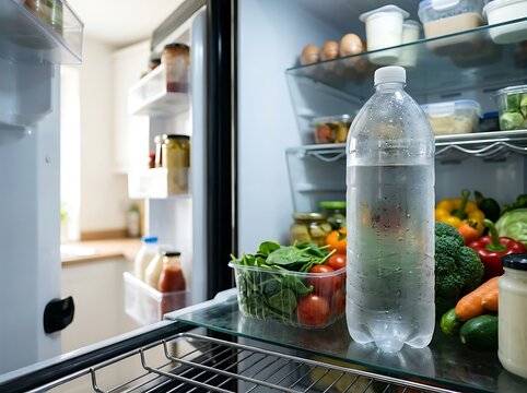 A chilled 2 liter bottle of cold water standing on a glass shelf inside a well stocked home refrigerator.