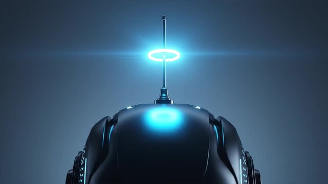 Futuristic robotic head with vibrant blue glowing antenna, symbolizing advanced artificial intelligence and technological innovation, set against sleek, dark, digital background