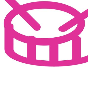 Pink drum icon animation showing rhythmic motion of sticks hitting the percussion surface in a bold minimalist vector style design for modern creative music video content