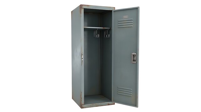 Old metal locker cabinet with open door on transparent background ideal for school or gym storage concepts. 