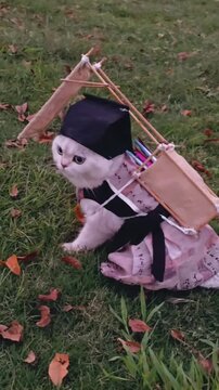 A cute white cat dressed in a traditional ancient Chinese traveler costume and hat outdoors