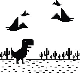 Retro pixel art landscape featuring dinosaur and pterodactyls for classic gaming concepts. © Hridoy