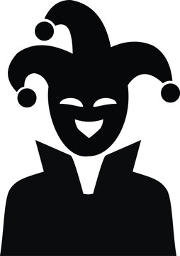 Smiling jester icon in black silhouette for entertainment and performance character design.