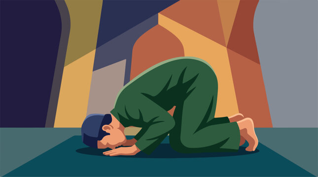 Muslim man prostrating in prayer sujud position. Islamic worshipper praying on rug inside mosque. Flat modern vector illustration of sujud worship routine.