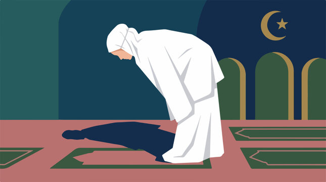 Muslim woman performing ruku bowing position in prayer. Female worshipper wearing white mukena praying inside mosque. Flat vector illustration of Islamic worship.