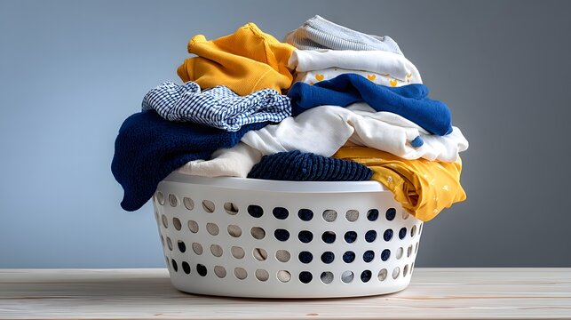 Plastic laundry basket overflowing with folded colorful clothes on a table pile of clothes household chore neat stack wooden table clean clothes clothing housework fresh laundry domestic