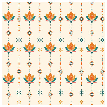 Vector Illustration of Seamless Indian or Pakistani Lotus Floral Pattern with Geometric Motifs, Traditional Textile Decorative Design in Orange, Teal and Coral