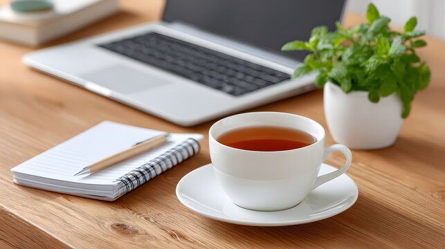 White cup of herbal tea with saucer notebook pen laptop potted plant on a wooden desk laptop computer hot tea office workspace work routine study desk morning beverage tea break freelance work
