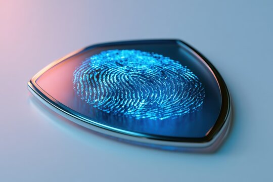 Blue fingerprint glows within metallic shield