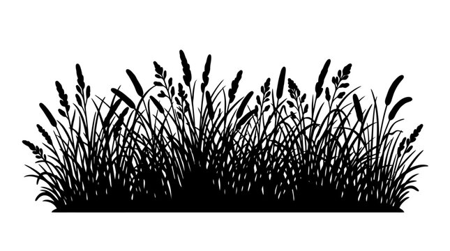 Cad tree lines Grass Silhouette Vector Set. Black Herb Outline. Wild Meadow Plants. Flower Patch Border. Botanical Nature Elements. Vector Graphics for Design. vactor