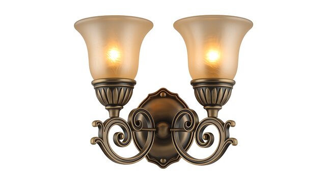 Vintage style wall sconce with double lamps and antique bronze finish isolated on transparent background. 