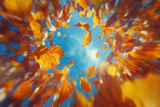 Dynamic vortex frame of falling golden autumn leaves looking up at blue sky.