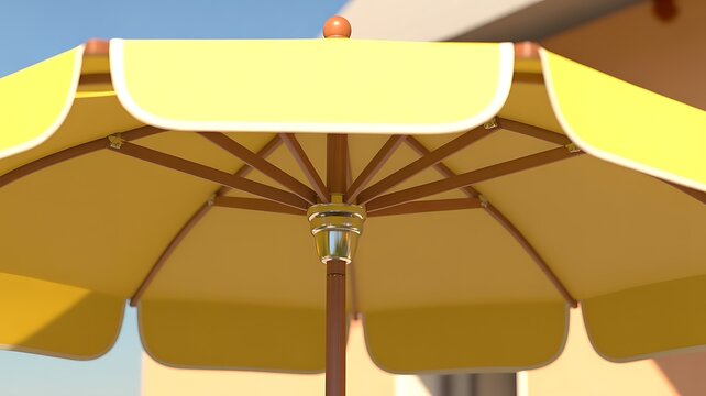 Yellow patio umbrella with brown frame and crank handle for outdoor shade decor design. 