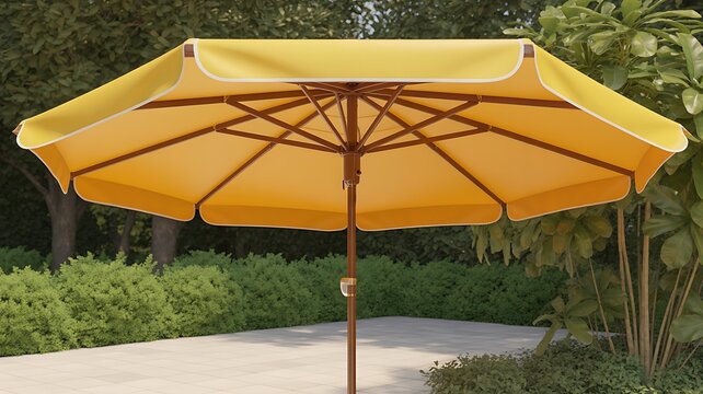 Yellow patio umbrella with brown frame and crank handle for outdoor shade decor design. 