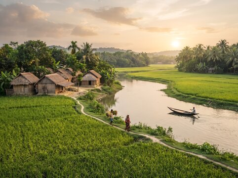 Serene morning scenery of traditional village life beside winding river and green rice crops.