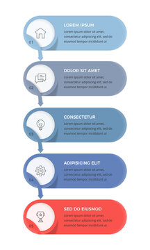 Infographic template featuring five horizontal banners organized in a vertical sequence with connecting arrows