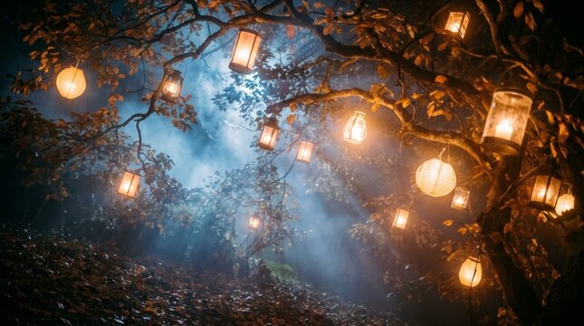 Glowing lanterns suspended from branches in foggy autumn forest at night
