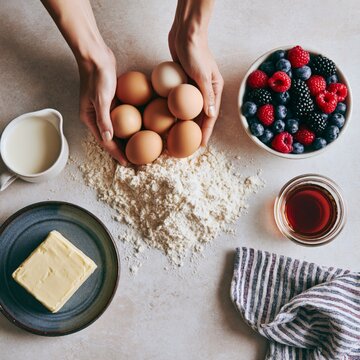 Top view of hands preparing pancake ingredients with flour, eggs, milk, butter, fresh berries and maple syrup for homemade breakfast