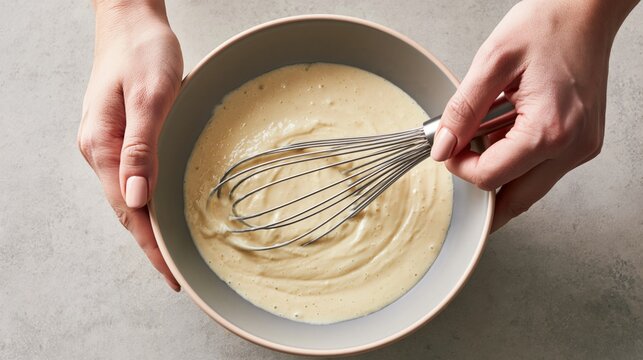 Hands whisking smooth pancake batter in a ceramic bowl, preparing homemade breakfast with a simple baking recipe